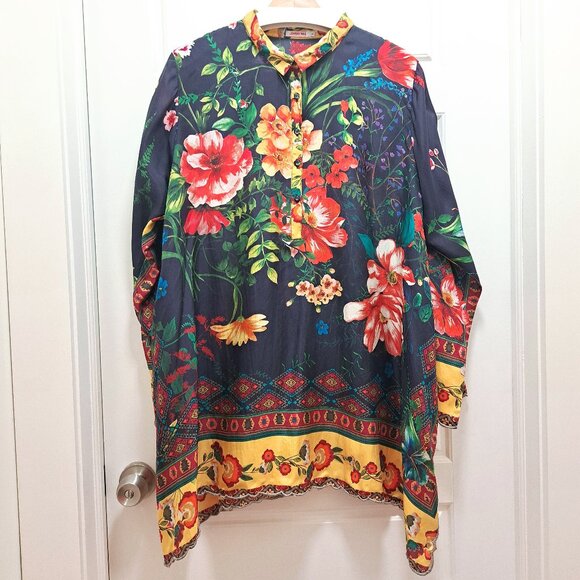 Johnny Was Tops - Johnny Was Silk Long Sleeve Tunic Floral Pattern Size Large